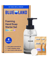 BLUELAND dispensador jabon espuma en vaso de vidrio para uso diario y sostenible.