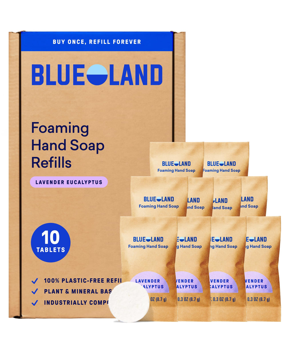 BLUELAND foaming hand soap refill tablet dissolving in water for an eco-friendly refill
