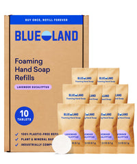 BLUELAND foaming hand soap refill tablet dissolving in water for an eco-friendly refill