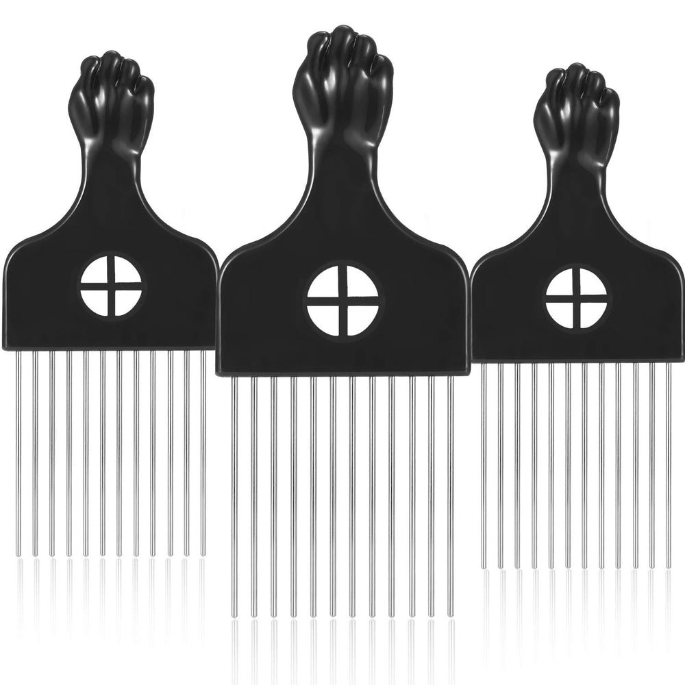 Boao metal hair pick with black handle, front view for detangling curly hair.