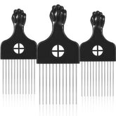 Boao metal hair pick with black handle, front view for detangling curly hair.