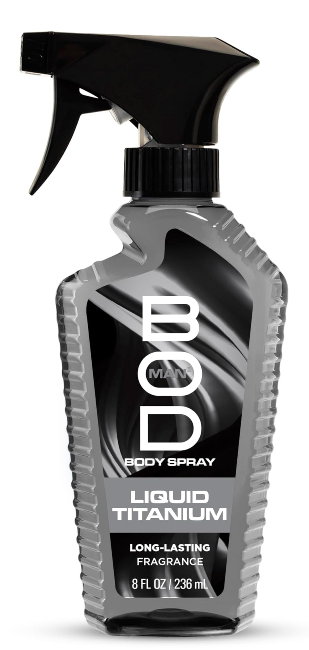 BOD Man Liquid Titanium bottle front view conveys a bold masculine look ideal for evenings.