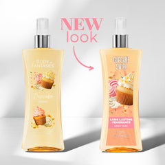 Body Fantasies Cupcake Swirl label close-up emphasizes long-lasting fragrance