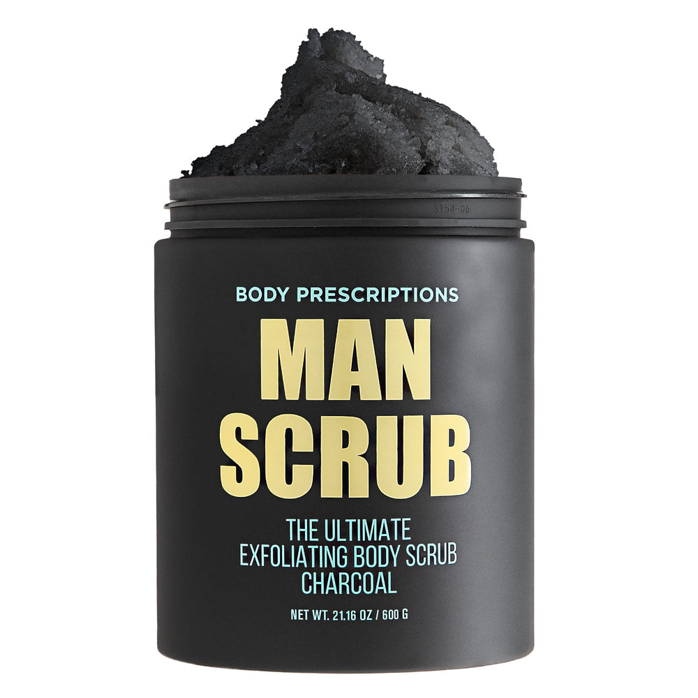 Body Prescriptions exfoliante corporal para hombre en tarro con tapa giratoria, uso diario.