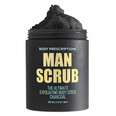 Body Prescriptions exfoliante corporal para hombre en tarro con tapa giratoria, uso diario.