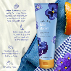 Bodycology Blue Denim label close-up, featuring cruelty-free and paraben-free messaging.