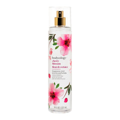 Bodycology Cherry Blossom Fragrance Mist bottle highlights long-lasting fragrance.