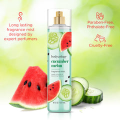 Bodycology Cucumber Melon mist on wrist for everyday freshness and ease.