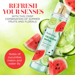 Bodycology Cucumber Melon mist spritz in air for light diffusion and mood lift.