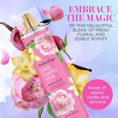 Bodycology Pink Vanilla Wish bottle side view, compact for on-the-go scent.