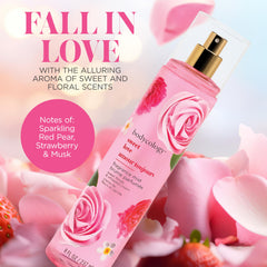 Bodycology Sweet Love mist label highlights pear and strawberry notes.