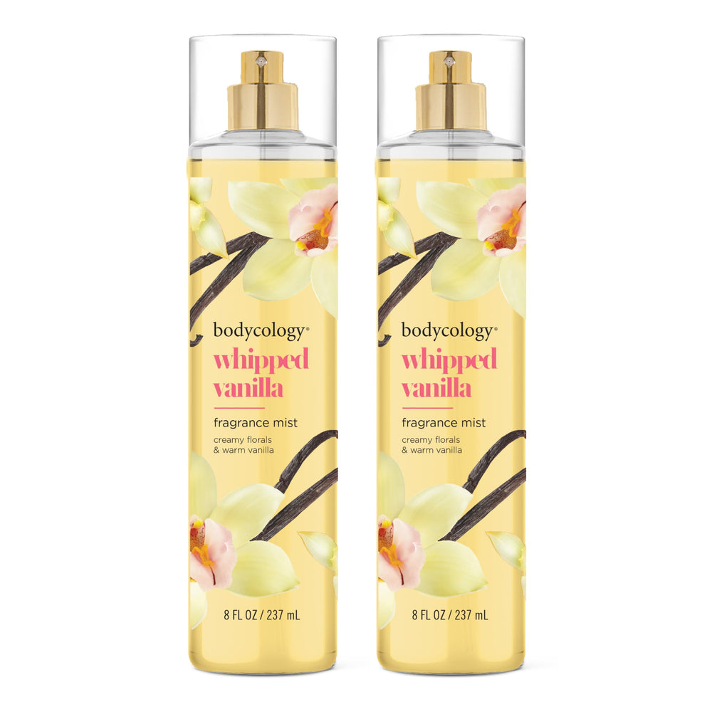 Bodycology Whipped Vanilla fragrance mist bottle shows warm vanilla notes for daily wear.