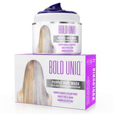 Bold Uniq Purple Hair Mask bottle closeup for toning blonde brass and conditioning.