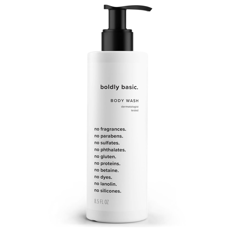 Boldly Basic gel de ducha sin fragancia, botella frontal, suave para piel sensible.
