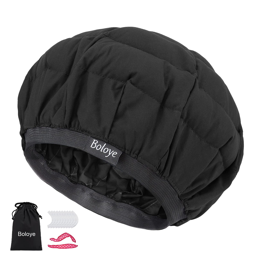 Boloye flaxseed heat cap outer view highlights its soft fabric and universal fit for conditioning