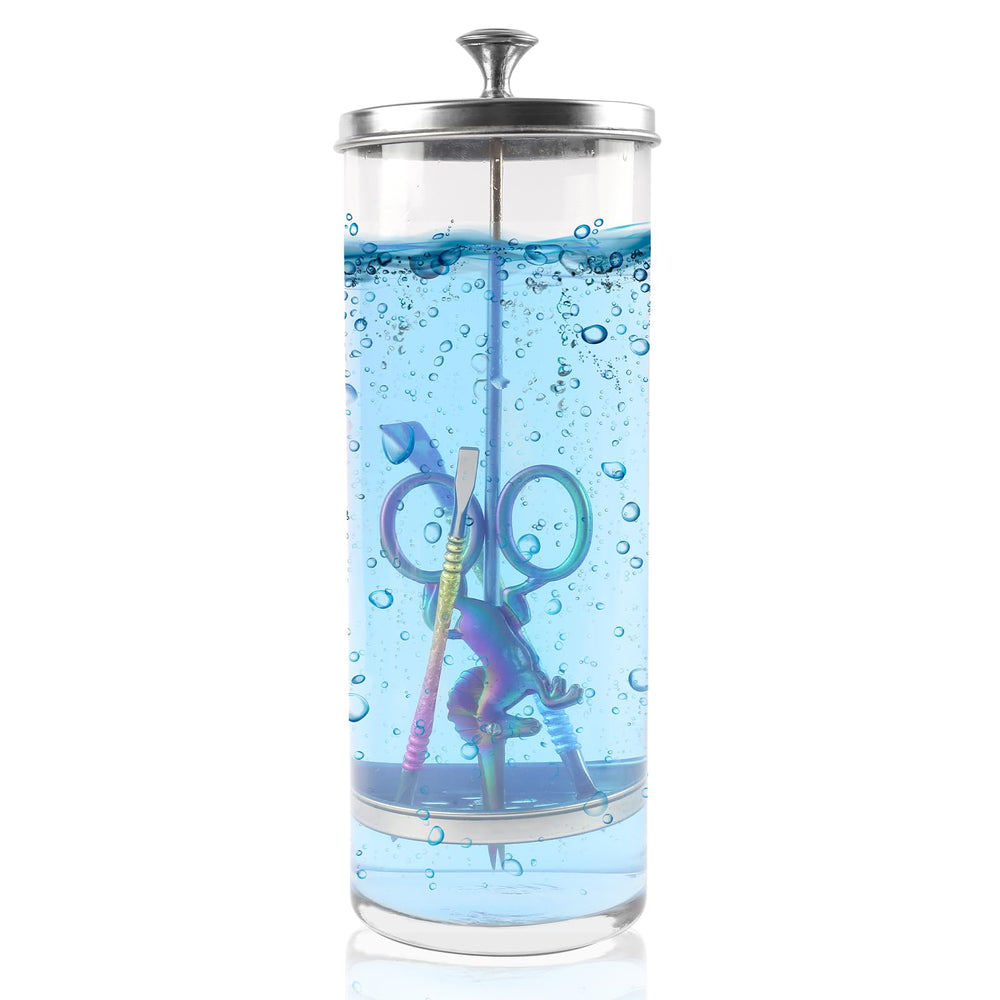 BOMOQING 1035ml barber jar with removable straining tray for easy tool sanitation.