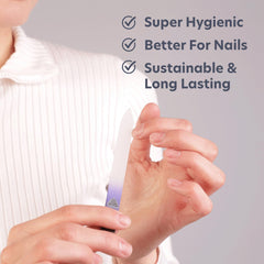 Bona Fide Beauty nail file in use demonstrating directional filing