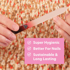 Bona Fide Beauty ombre black-red nail file with ergonomic handle for comfortable use.