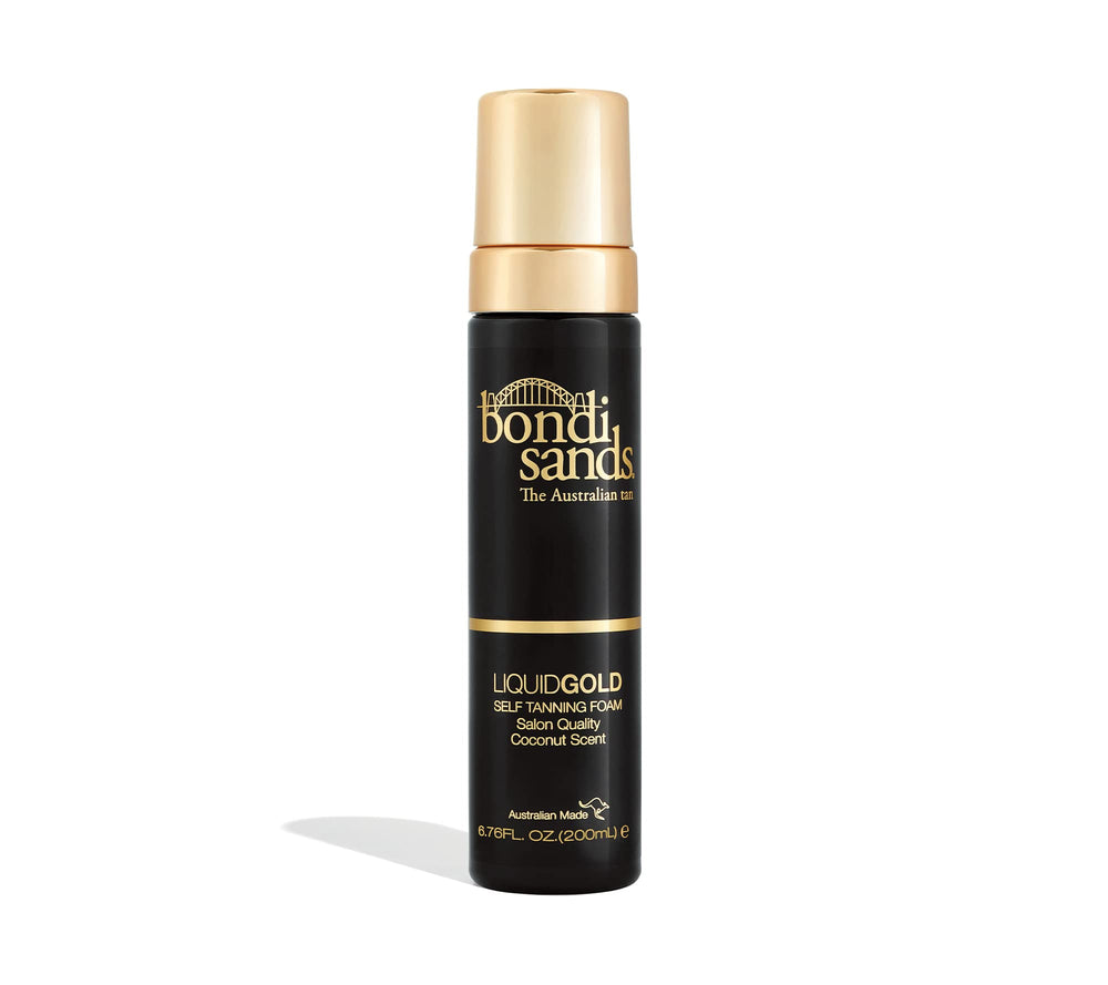 Bondi Sands Liquid Gold self-tanning foam bottle shows a hydrating, streak-free tan.