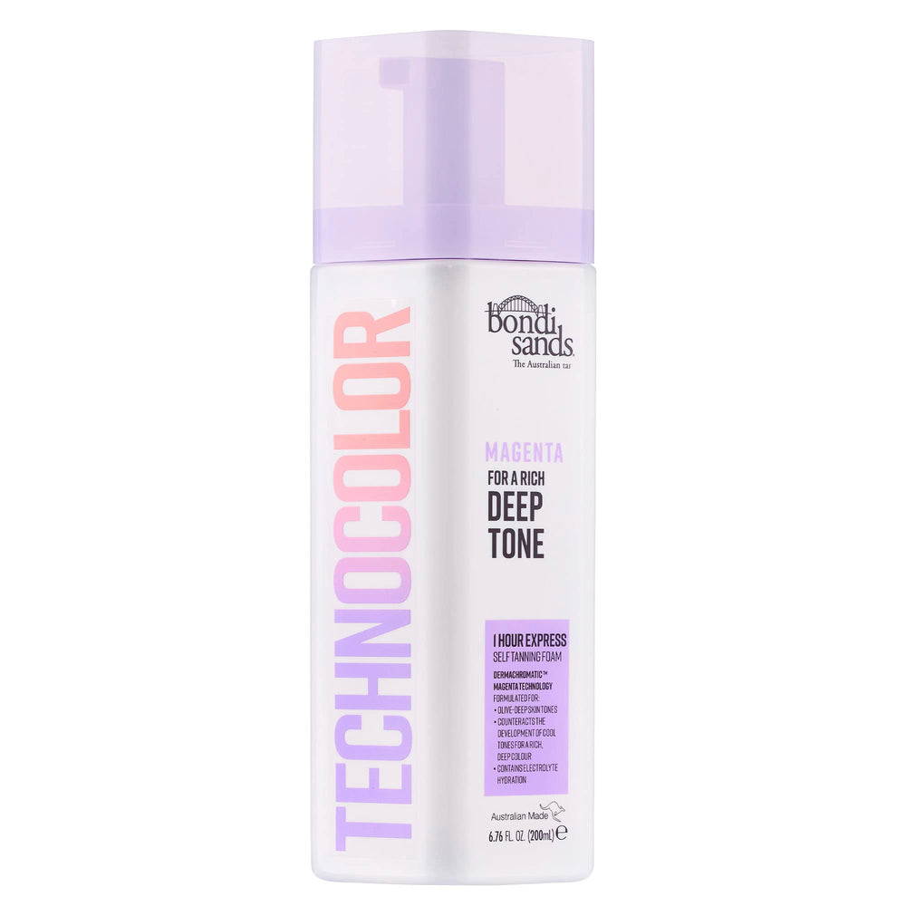 Bondi Sands Technocolor Magenta bottle with red-violet color guide for warmer undertones.