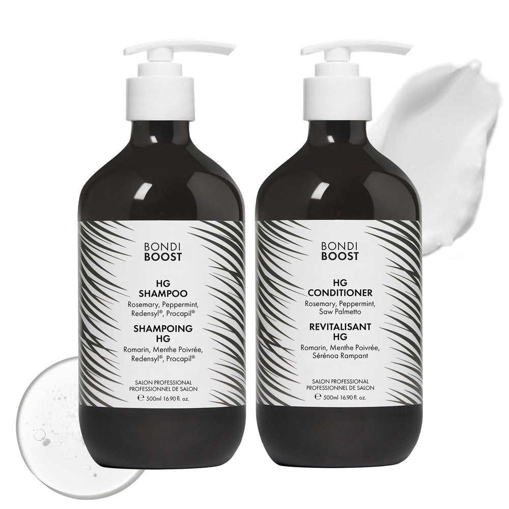 BondiBoost HG shampoo bottle close-up for fuller-looking hair on daily use.