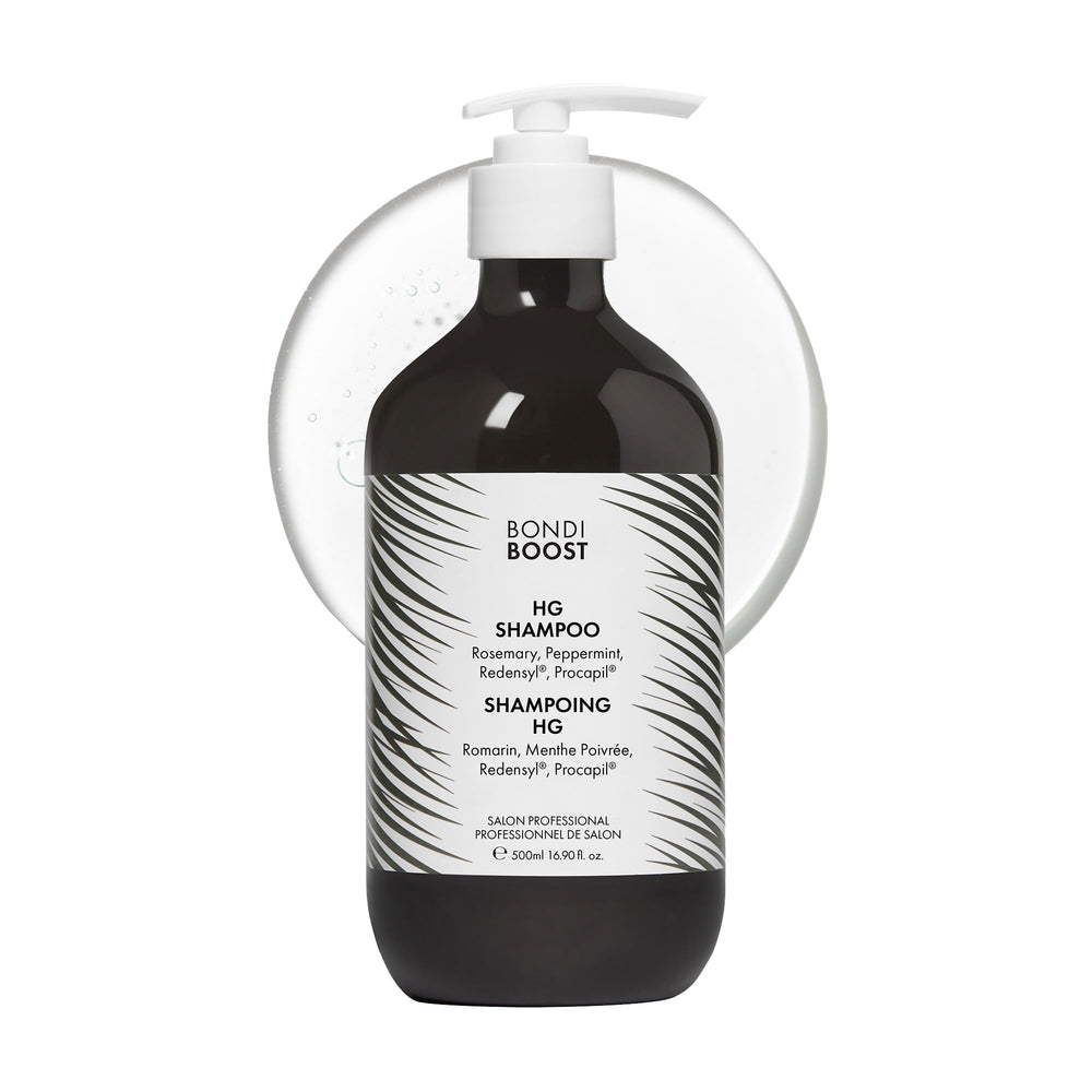 BondiBoost HG shampoo bottle highlighting daily hair care for healthier roots and fuller-looking strands