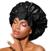 BONNET QUEEN silk bonnet on head provides secure overnight wear against frizz.