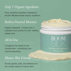 Boomsilk texture swirl shows luxurious, quick-absorbing application.