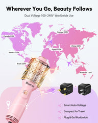 Bopcal blow dryer brush demonstrates 4-in-1 styling for drying and shaping.