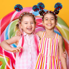 Closeup of Borbilyn fluffy ball hairband shows soft texture and vibrant styling potential.