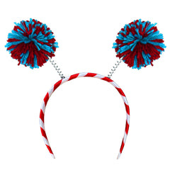 Borbilyn pom pom headband with blue yarn adds playful color to any outfit.