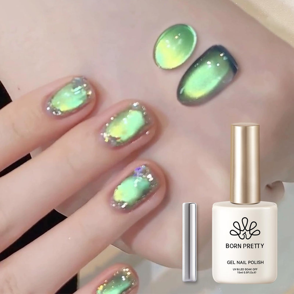 Born Pretty esmalte gel gato magnetico verde con efecto magnético.