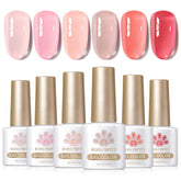 Born Pretty jelly nude pink gel nail polish kit with bottles and swatches for buildable color.