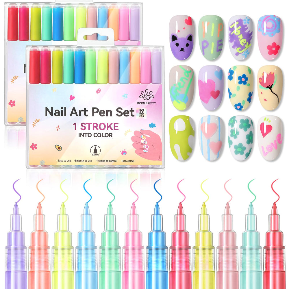 Born Pretty Nail Art Pens Set with 12 neon colors for creative DIY manicures.
