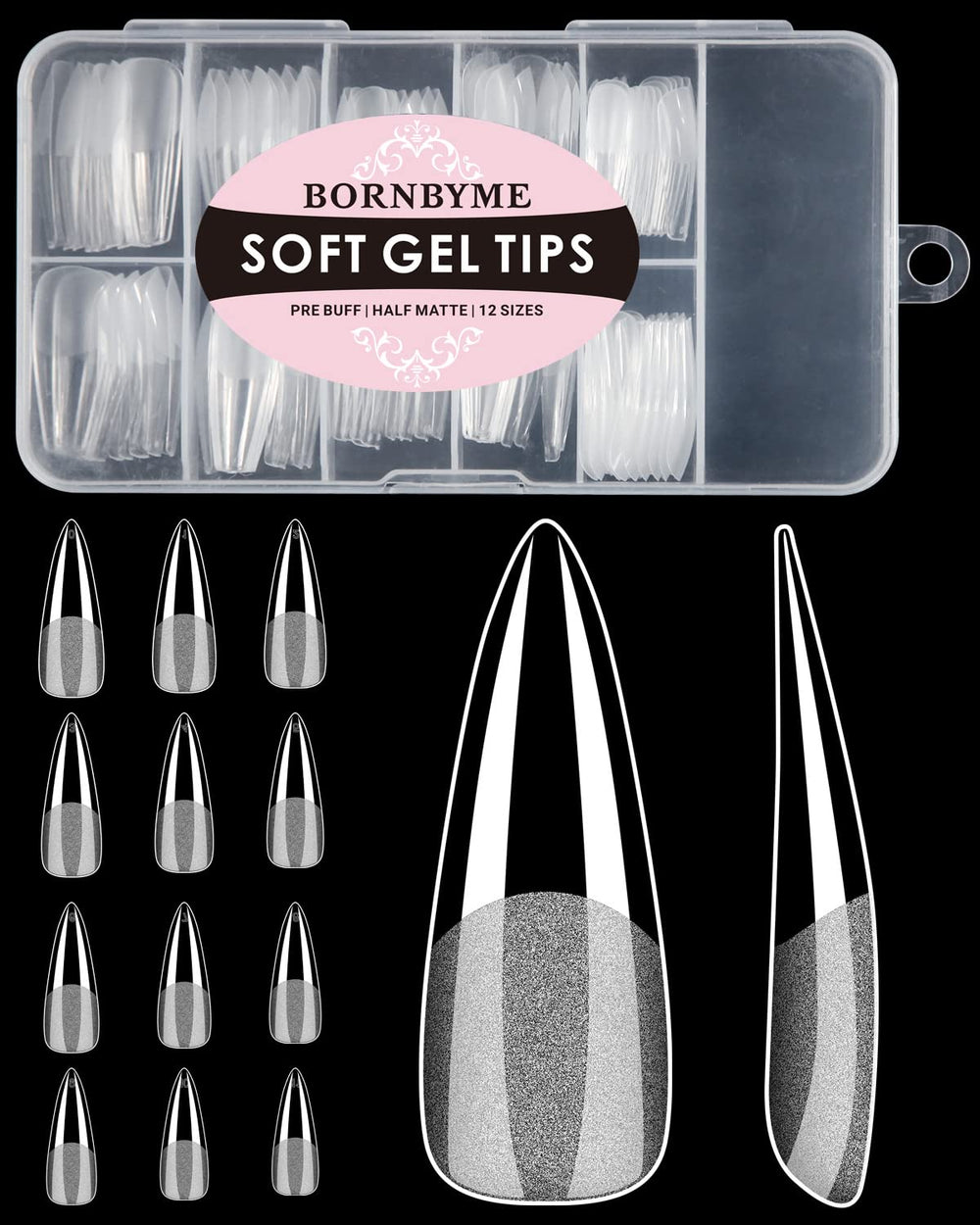 BornByMe soft gel nail tips with long stiletto design for salon or DIY use.