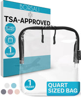 BORSALI TSA-approved toiletry bag in clear quart size for easy security checks.