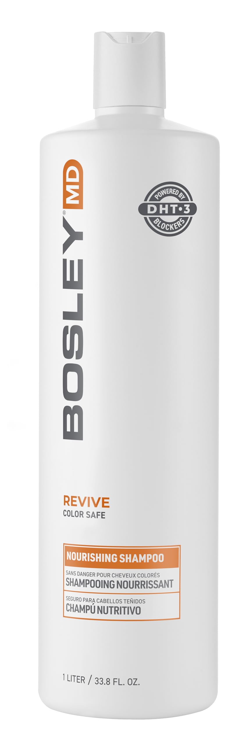 BosleyMD BosRevive Nourishing Shampoo bottle close-up for color-safe cleansing.