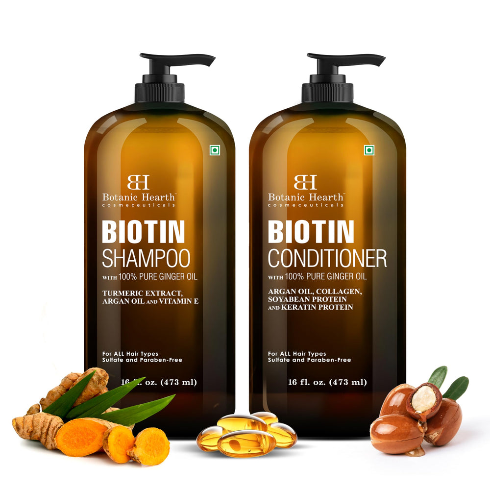 Botanic Hearth Biotin Shampoo ginger oil bottle with refreshing scent and gentle daily cleansing.