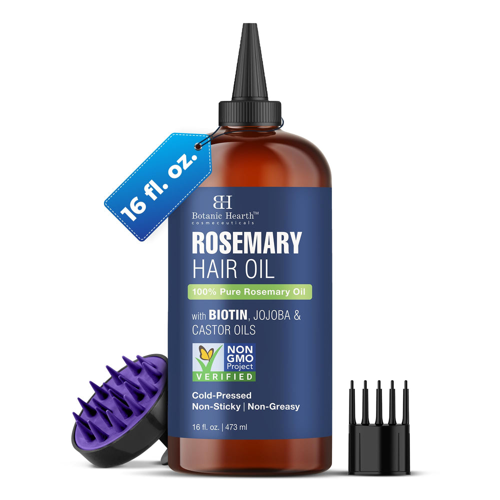 Botanic Hearth Hair Oil bottle with rosemary highlights scalp nourishment and growth support.