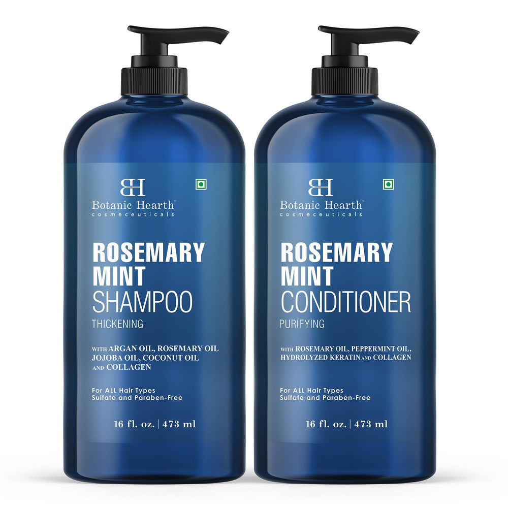 Botanic Hearth Rosemary Mint Shampoo bottle illustrates 16 oz size and refreshing scent