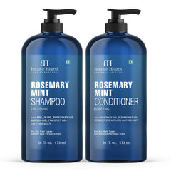 Botanic Hearth Rosemary Mint Shampoo bottle illustrates 16 oz size and refreshing scent
