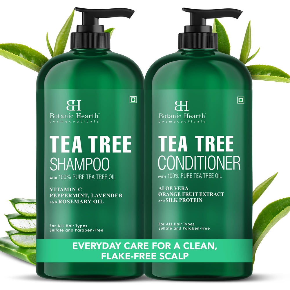 Botanic Hearth Tea Tree Shampoo bottle close-up for refreshing scalp care