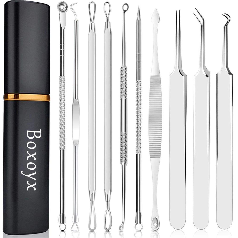 Boxoyx pimple popper tool kit in metal case for easy at-home blemish care.