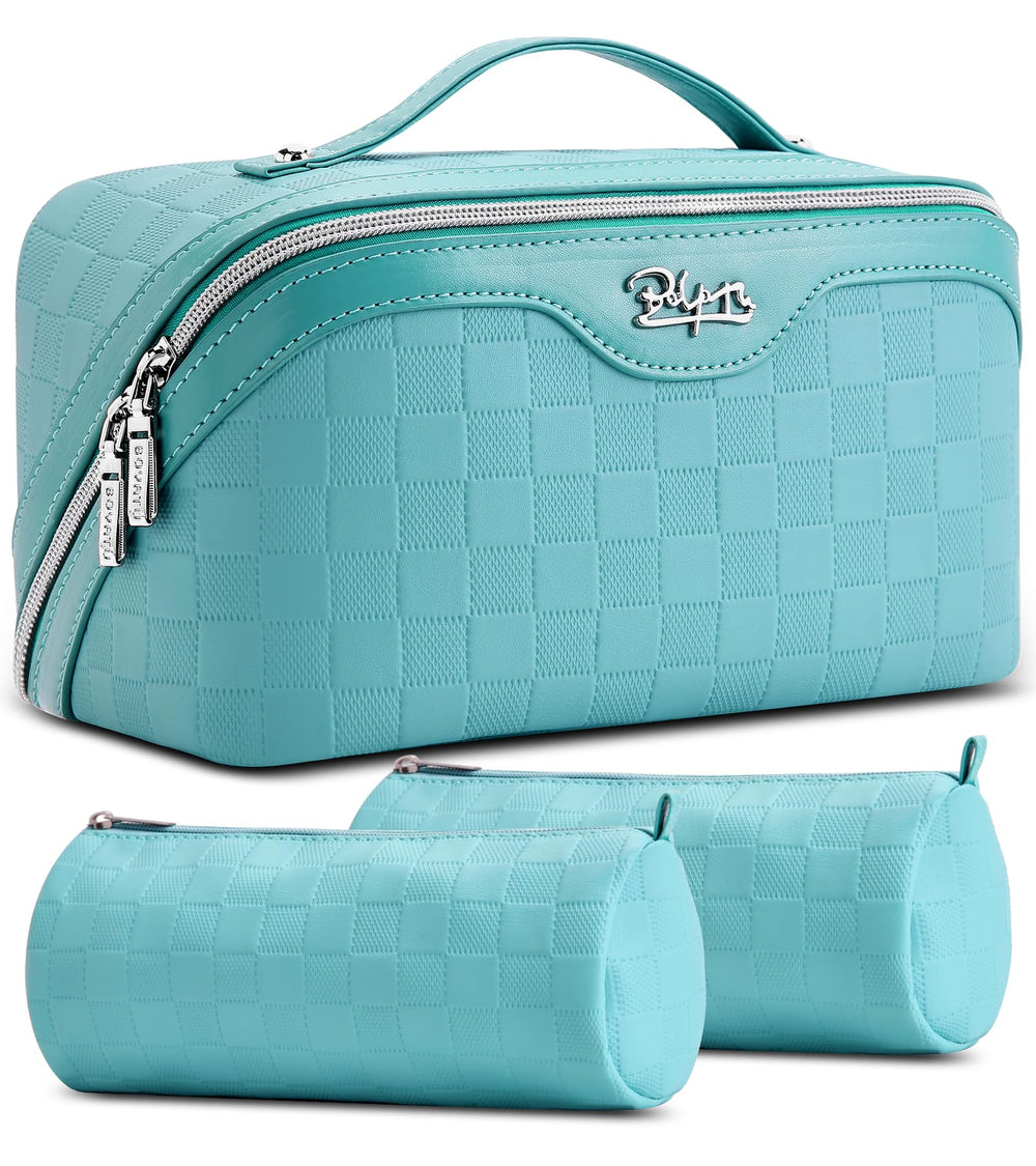 BOYATU Checkered travel makeup bag main compartment keeps cosmetics organized on the go.