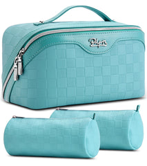 BOYATU Checkered travel makeup bag main compartment keeps cosmetics organized on the go.