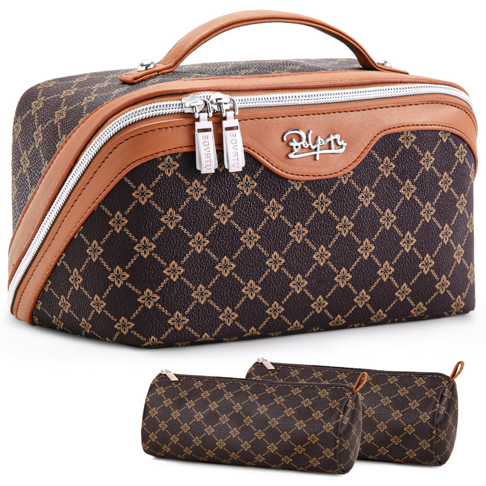 BOYATU travel makeup bag with large compartments for organized cosmetics on the go.