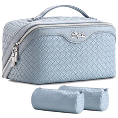 BOYATU travel makeup bag light blue front view for stylish organization on the go.