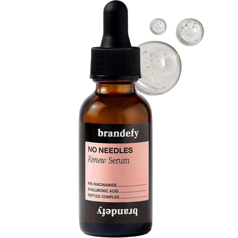 Brandefy No Needles serum bottle closeup for hydrated, plump skin.