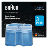 Braun Clean & Renew 3-pack box front for quick, hygienic shaver maintenance.
