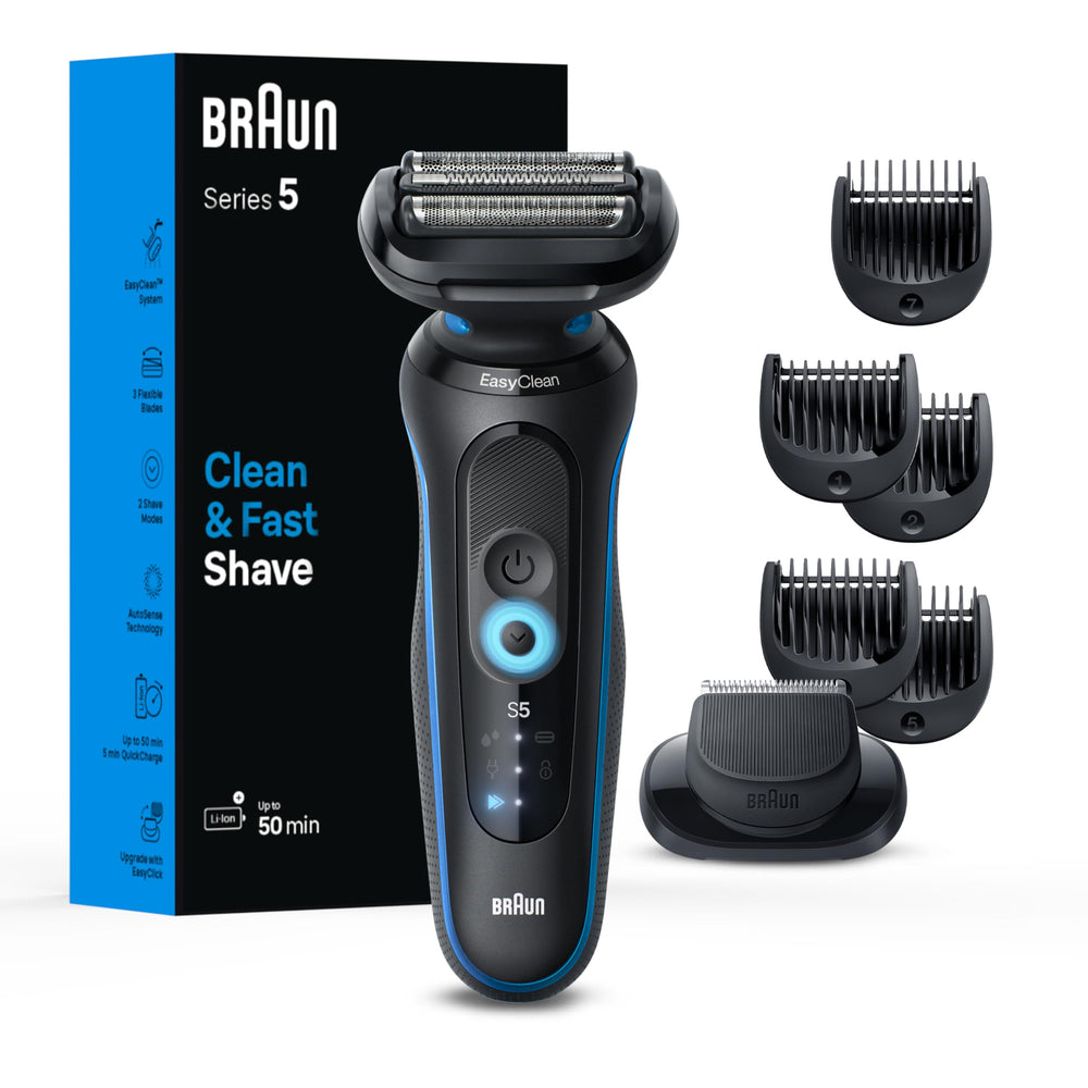 Braun Series 5 5120s shaver blue front view for precise contouring and comfort.